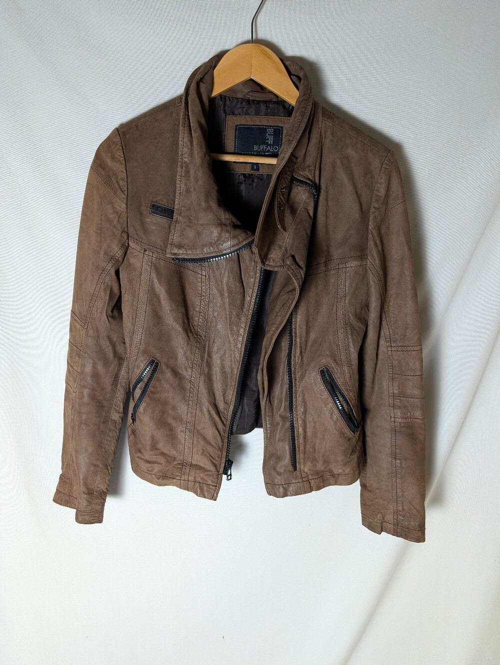 Buffalo David Bitton Brown 100% Leather Asymmetrical Zip Jacket Size Small